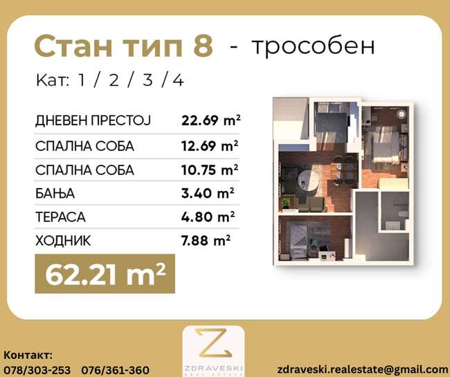 Стан во градба од 62m2 на Булевар Туристичка - ZDRAVESKI - 2